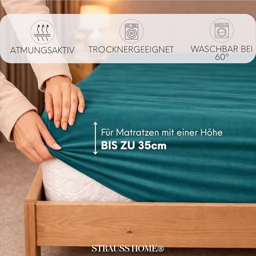 Strauss Home® Premium Spannbettlaken – 160 g/m² Gekämmte Baumwolle – Extra Hohe Steghöhe in Hotelqualität – Formstabil & Langlebig – Für Boxspringbetten bis 35 cm – 180x220-200x220cm - Petrol