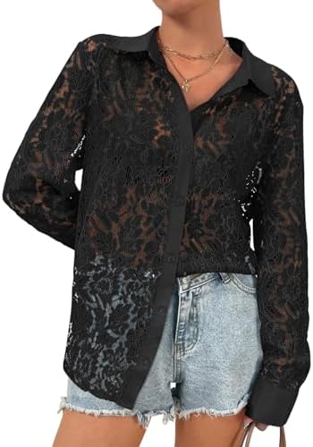 Wyeysyt Lace Blouse for Women Sheer Lace Long Sleeve Top Elegant ...