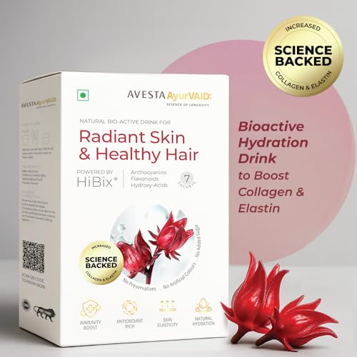 Image of AvestaAyurVAID Radiant Skin & Healthy Hair - Powered by HiBix | Bioactive Hydration Drink (Pack of 7) | Supports Natural Collagen & Elastin for Skin, Hair & Wellness | No Added Sugar, No Artificial Flavours, No Artificial Colours