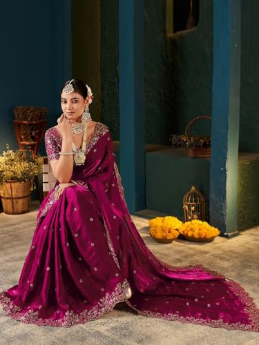 Image of SIRIL Women's Tissue Silk Sequence Embroidery Saree with Unstitched Blouse Piece