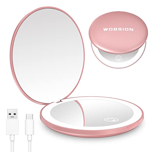 Wobsion Rechargeable Travel Mirror,1X/10X Magnification Compact Mirror With Light,Dimmable Led Travel Makeup Mirror,Portable Mirror For Purse,Handheld 2-Sided Pocket Mirror,Gifts For Girls,Rose Gold #TOP11