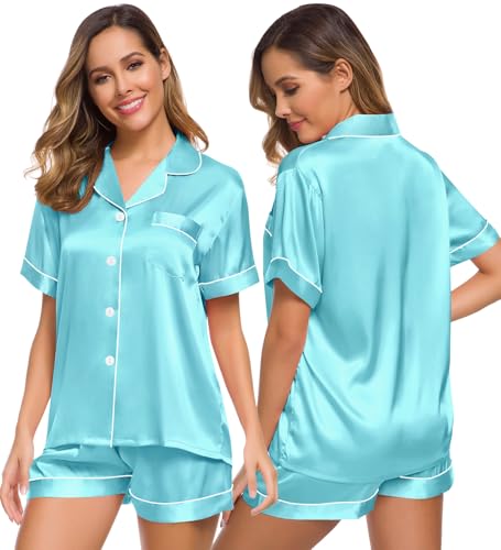 Image of SWOMOG Womens Silk Satin Pajamas Set Short Sleeve Sleepwear Button Down Top and Shorts Loungewear 2 Piece Pjs Set XS-3XL