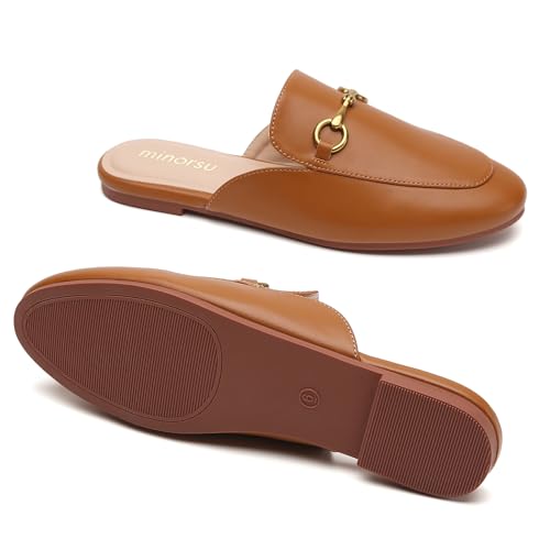 Image of Minorsu Buckle Mules for Women Flats Loafers Shoes for Work Office Business | Slip on,Round Toe,Backless,Slides, Casual