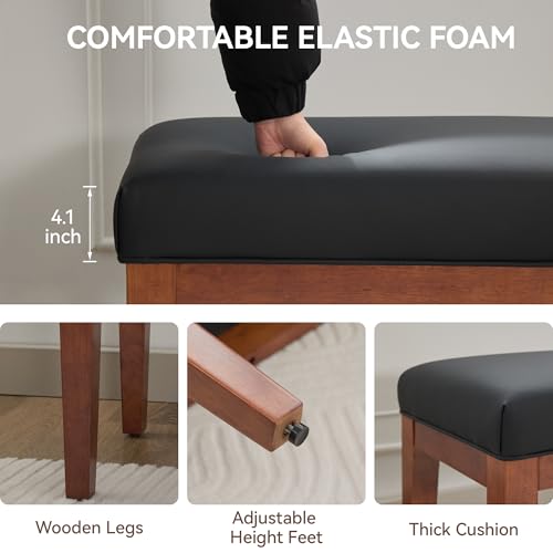 Image of WUTUTUEE 43.5'' Faux Leather Bedroom Bench, Upholstered End of Bed Bench, Padded Vintage Dining Bench, Entryway Bench with Solid Wood Legs, Kitchen, Living Room, Hallway, Black