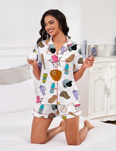 Image of SHESHOW Pajamas for Women Set Satin Button Down Short Sleeve Top and Shorts Pjs Sets Sport Ball Print Sleepwear XS-XXL