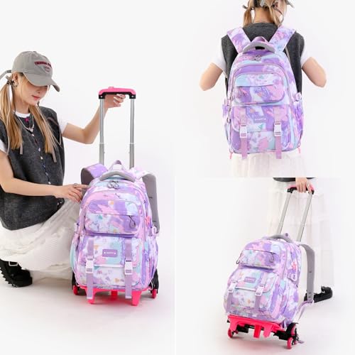 Kids Rolling Backpack for Girls School Backpack with Wheels for Girls Wheeled Bookbags Roller Trolley Bags for Primary Students, 6-Wheel Purple - Image 3