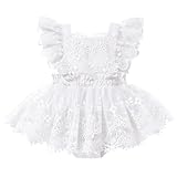 AWIBMK Baby Girl 1st Birthday Outfit Cake Smash Ruffle Sleeve V-Back Embroidery Flower Boho Lace Tulle Tutu Romper Dress White 6-9 Months