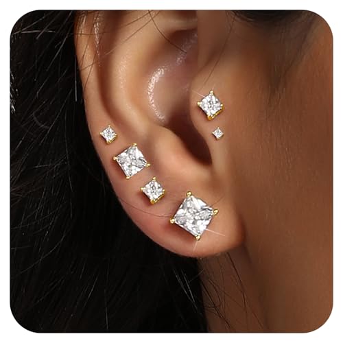 5 Pairs 14K Yellow Gold Plated Princess Cut Clear Cubic Zirconia Stud Earring Set for Women Men3
