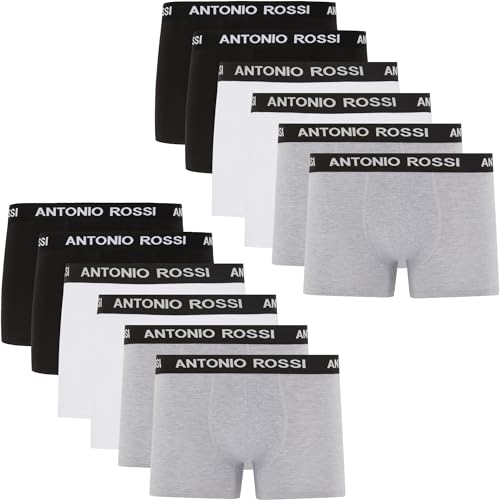 ANTONIO ROSSI (12er-Pack) Herren-Boxer-Hipster - Herren-Boxershorts Multipack mit elastischem Bund, Schwarz, Grau, Weiß, XXL