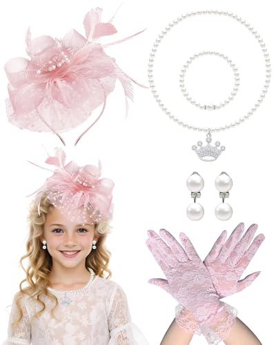Bnsikun Girls Tea Party Hat Fascinator Hat for Girls Tea Party Hats Tea Party Headpiece and Lace Glove Set 1920s Party