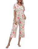 Ekouaer Women's Pajamas Set Short Sleeve Top With Capri Pants Pjs Lounge & Sleepwear Set,White/Pink Floral,Medium