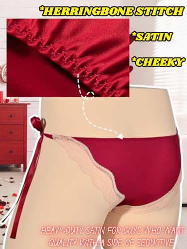 Mens Sexy Sissy Panties, Rhinestone Bow Ice Silk&Satin&Lace, Low Rise Tie Side Cheeky Girly Lingerie Underwear3