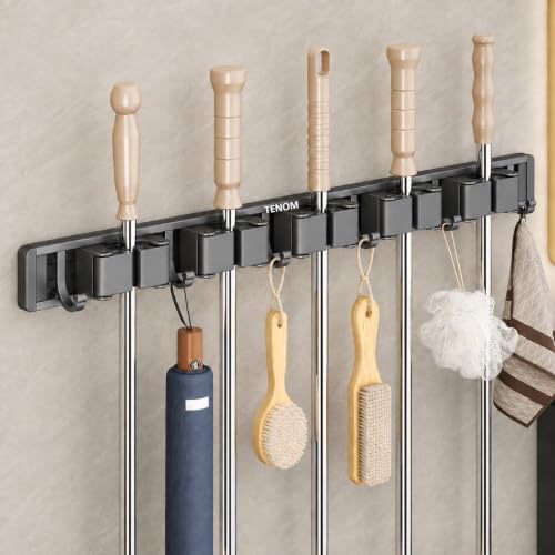 Image of TENOM Broom Holder Wall Mount, Space Aluminium Rust Proof Mop Holder, Broom Stick Holder Wall Mounted with Hooks, Mop Hanger for Kitchen, Bathroom & Home