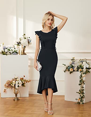 Women's Ruffle Sleeve Fishtail Dress Asymmetric Hem Midi Bodycon Cocktail Dress Evening Party Formal Dress Black Xxl #TOP2