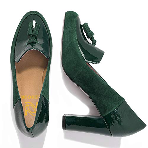 LEHOOR Women Chunky Block High Heel Fringed Pumps Round Toe, Slip On Dress Loafers with Tassel Suede Patent Leather Patchwork for Ladies Girls Office 4-15 M US2