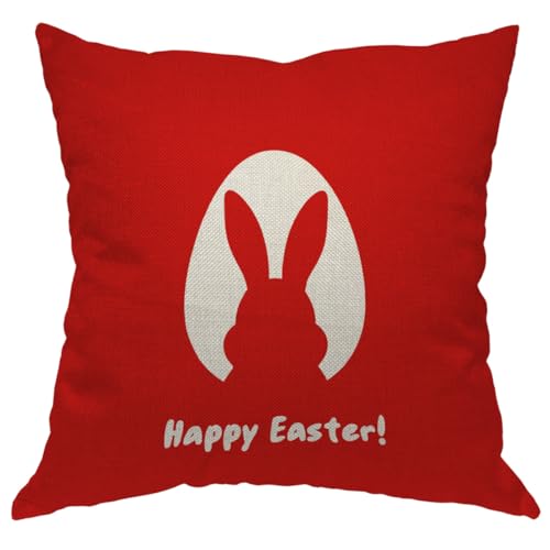 Moslion Easter Pillow Case Happy Easter Bunny Rabbit with Long Ears Egg Shadow Throw Pillow Cover Decorative Square Cushion Accent Cotton Linen Home 18x18 Inch Red White