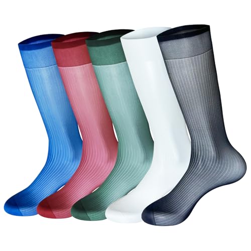 Cityelf 5 Pack Sheer Dress Socks for Men Nylon Ultra Thin Calf Socks Silky Transparent Lightweight Summer Cool Business Formal Suit Casual Daily Crew Clear Soft Stockings - Mix Colors by Cityelf - Used condition - US$13.32