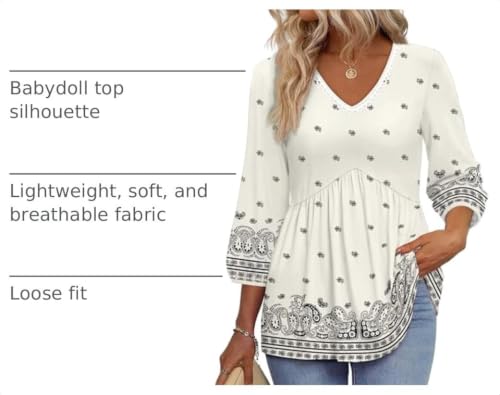 Image of OFEEFAN 3 /4 Length Sleeve Womens Tops 2026 Blouses for Women Dressy Casual Fashion Clothing V Neck Babydoll Tops Fall Outfits