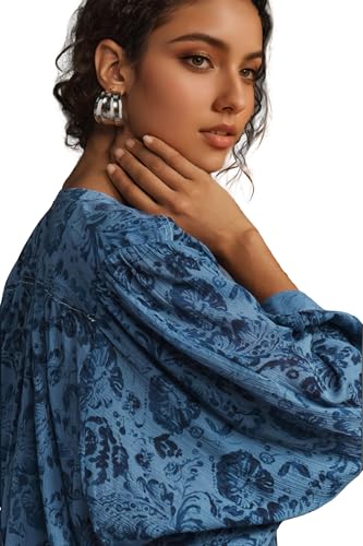 D-Sun Women Printed Shirts Button Down Blouses Long Sleeve Crewneck Lantern Batwing Casual Chiffon Dressy Loose Tops4