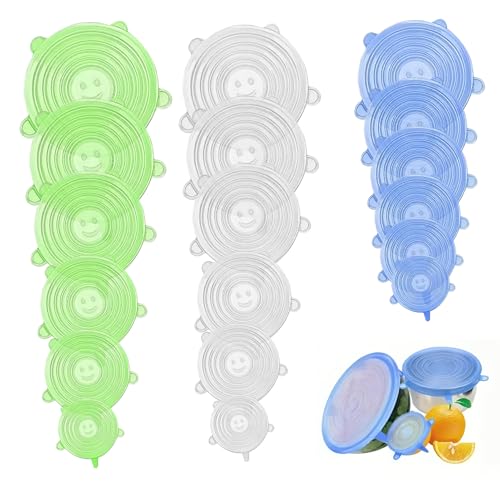 Lot de 18 couvercles en silicone extensibles universels en 6 tailles différentes pour bols, gobelets, boîtes, fruits – Couvercles en silicone pour aliments frais