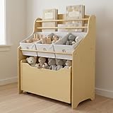 Humble Crew 3-in-1 Kids Bookshelf and Toy Storage Organizer, Natural/White - Toddler Organizers with Rolling Toy Box and 3 Fabric Bins – Sturdy Baby Book Shelf, Perfect for Nursery and Playroom