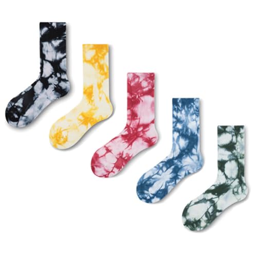 Women’s Calf Socks 5 Pairs Tie-Dye Mix Colorful Breathable Performance Knit Cotton Socks for Shoes Size 6-11