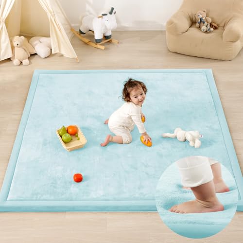 Image of 1.3 inch Thick Baby Play Mat for Floor Playpen, 50x50 Foam Tummy Time Mat, Padded Support Soft Plush Nursery Rug for Infant Kids Toddler Crawling Kick Activity (Ice Blue)