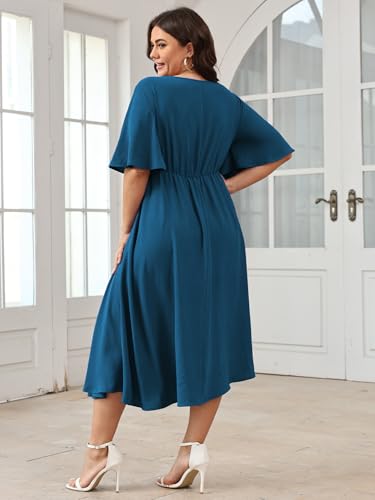 Image of SCOMCHIC Women Plus Size Midi Dresses Wedding Guest Short Sleeve V Neck Tie Waist Casual Summer Flowy A Line Dress