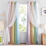 NICETOWN Rainbow Curtains for Girls Bedroom 2 Panels, Star Curtains for Kids Double Layer Blackout Curtains, Ombre Curtains with Sheer for Living Room, 34 x 84 inch Long, Rainbow