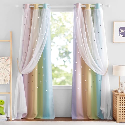 NICETOWN Rainbow Curtains for Girls Bedroom 2 Panels, Star Curtains for Kids Double Layer Blackout Curtains, Ombre Curtains with Sheer for Living Room