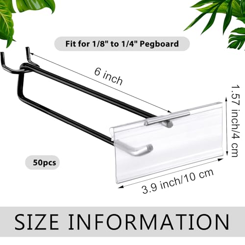 Tandefio 50 Pack 6 Inch Black Metal Peg Board Hooks with Clear Plastic Label Holder Stainless Steel Display Pegboard Hooks for 1/8'' to 1/4'' Pegboard Wall for Garage Storage Retail Shop Supplies by Tandefio - Image 2