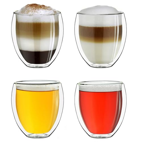 Creano doppelwandige Gläser 400ml „DG-Bauchig“, 4er Set, großes Thermoglas doppelwandig aus Borosilikatglas, Kaffeegläser, Teegläser, Latte Gläser, Doppelwandgläser