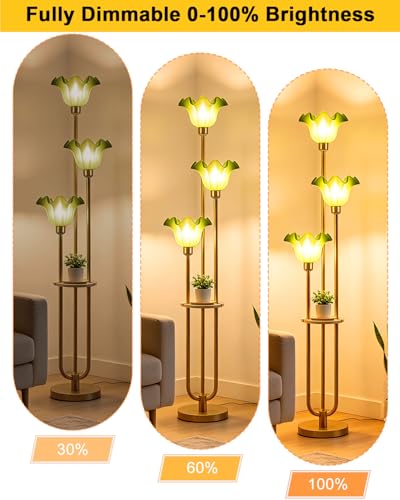 Image of Green Flower Floor Lamp for Living Room, Mid Century Modern Floor Lamp Dimmable with Shelf & LED Bulbs, 3 Light Warmwhite Gold Tall Standing Lamp for Bedroom Girls Room Home Decor