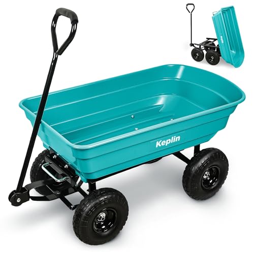 Keplin Plastic Wheelbarrow Cart(75L - 250kg Load), Heavy Duty Wheel Barrow with Tipping Mechanism, Tow Hitch & Pull Handle, Durable Steel Frame, 10” Pneumatic Wheels for Easy Transport on All Terrain