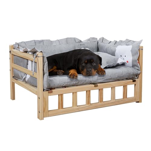 Panier Chien Panier Surélevé pour Chien (XL, M, P), Lit Surélevé en Bois avec Coussin et...