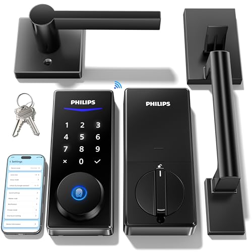 Philips Wi-Fi Smart Lock with Handle, WiFi Keyless Entry Keypad Door Lock with Handle, Front Door Deadbolt Set, Fingerprint Unlock, PIN Code Unlock, Auto Locking, App Remote Control, Bulit i