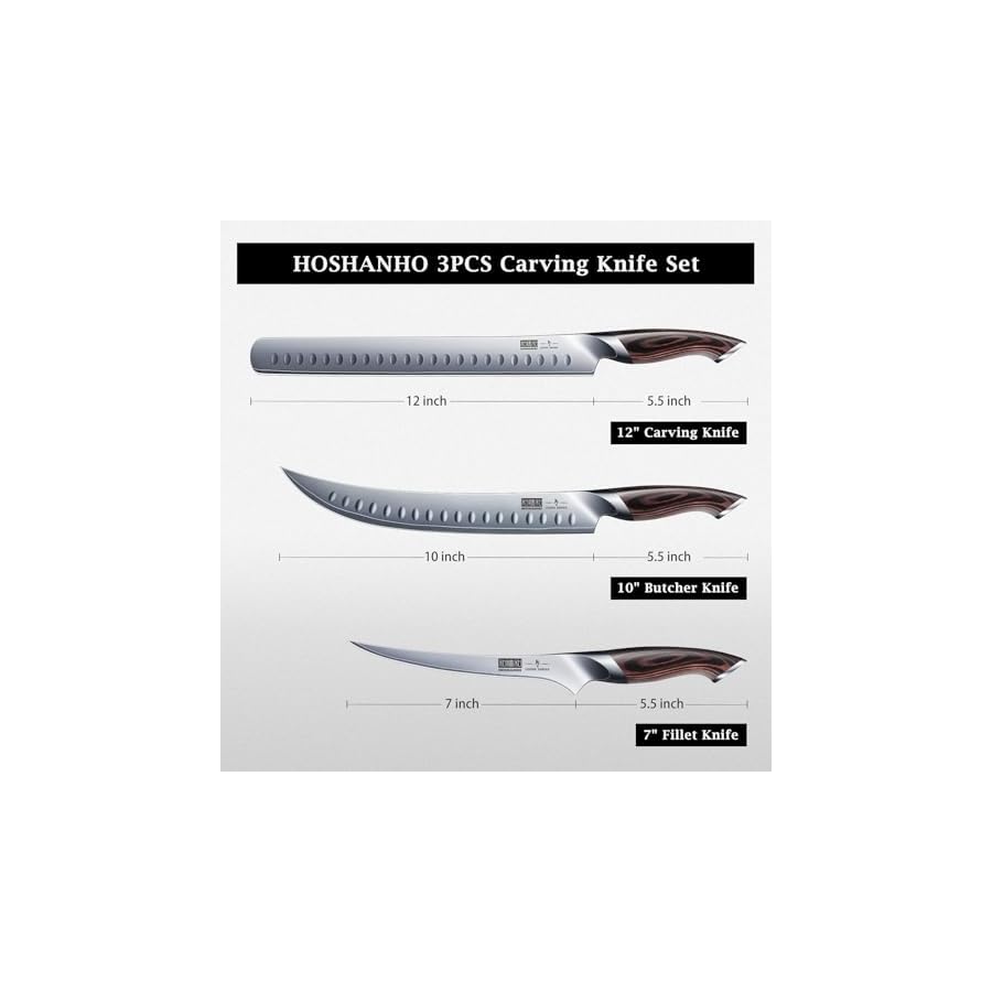 HOSHANHO Carving Knife Set 3PCS, Japanese High Carbon Steel Brisket Slicing Knife Sets with Ergonomic Pakkawood Handle, Butcher Knife Breaking Knife Boning Knife for Meat Cutting