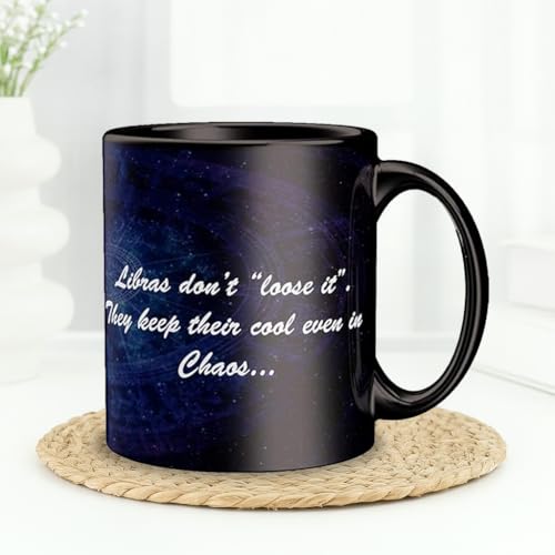 Image of Libra Zodiac Coffee Mug - Black Ceramic Astrology Horoscope Tea Cup with Inspirational Quotes - Birthday Gift for Libra Sign Friends, Family & Astrology Lovers