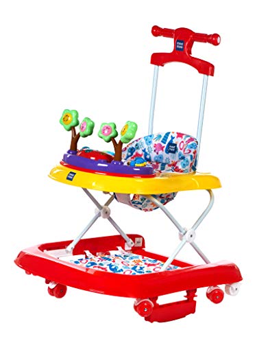 Image of Mee Mee Premium 3-in-1 Baby Walker with Rocker & Push Handle | 3-Level Height Adjustable, Musical Tray, Foot Mat, 360 Wheels, Cushioned Seat | for Babies 6-18 Months Up to 15kg (Red)