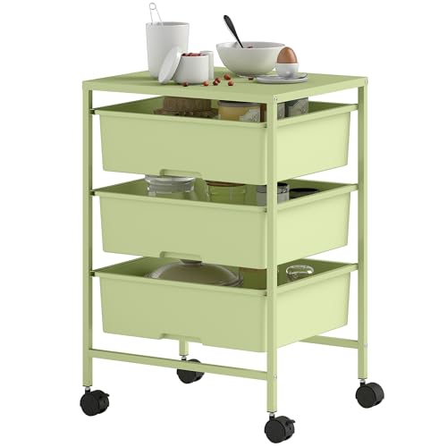 HOMCOM Carrito de Almacenamiento de 4 Niveles, Carrito de Cocina con Ruedas, 3 Cestas, Tablero y Marco de Acero, para Salón, Baño, Oficina, 40,8x33,5x60,5 cm, Verde