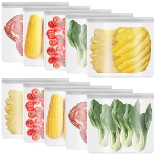 Lot de 10 grands sacs de congélation réutilisables - Anti-fuite, passent au lave-vaisselle, très épais et hermétiques avec fond extensible, pour fruits, céréales, légumes, sandwichs, 28 x 26 cm
