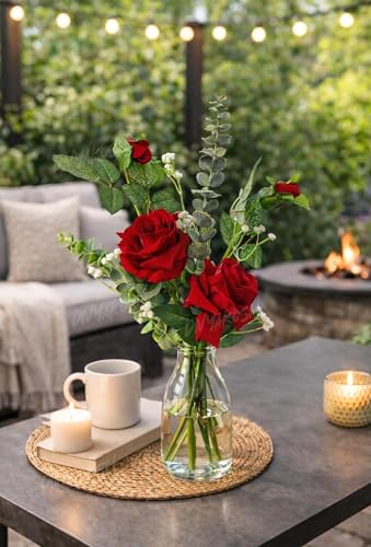 Image of Divyakosh Artificial Flowers for Home Decoration, Flora for Decor | Artificial Red Rose Flowers Bunch for Vase, Decorative Floral Arrangement- Eucalyptus & Gypsy | Home, Living Room & Festive Decor |