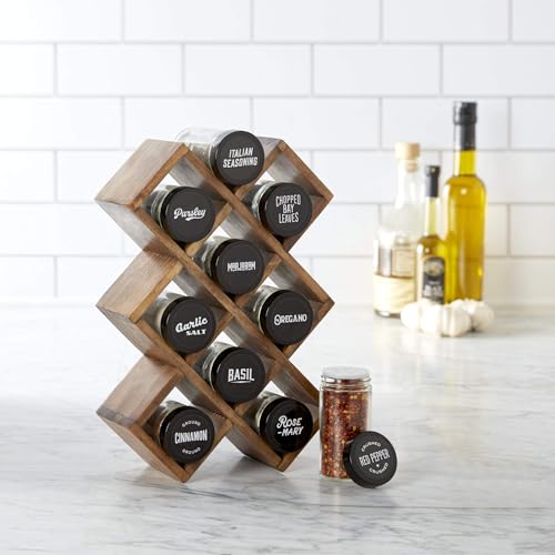Image of Kamenstein 10 Jar Criss-Cross 2-in-1 Spice Organizer for Countertop or Wall with Spices Included, FREE Spice Refills for 5 Years, Gray Wash Bamboo with Black Caps