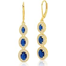 925 Sterling Silver with 18k Gold Overlay Oval Dangle Drop Earrings For Women with Simulated Emerald, Ruby, or Sapphire Graduated with Leverback by MAX + STONE