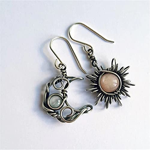 ANDPAI Unique Chic Abstract Hollow Black Vintage Silver Asymmetry Moon Star Sun Dangle Drop Earrings Black Moonstone Moon Hypoallergenic Earrings for Women Statement Jewelry Gifts2
