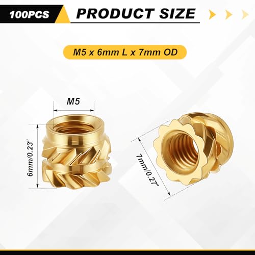 Image of Yaocom 100 Pcs M5 Threaded Inserts M5 x D7 x L6 Heat Set Inserts Brass 3D Printing Knurled Metric Nuts for Plastic, 3D Printing Components