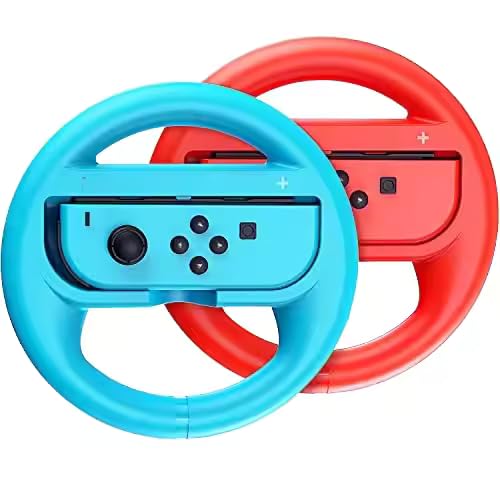 Image of TMG Nintendo Switch Joy-Con Steering Wheel, 2-Pack Racing Game Controller Grip, Red and Blue