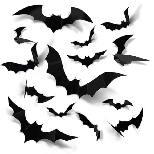 JUGUTA 120 Autocolantes de morcego em 3D para o Halloween, em 4 tamanhos diferentes, PVC impermeável, cor preta assustadora, morcego removível, conjunto de decoração de Halloween para decoração de