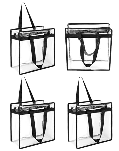 QWORK Transparent PVC Stadium Approved Tote Bags, 4 Pack 12x6x12 inches Clear Large Totes with Zipper Closure