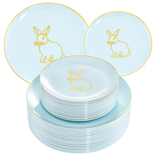 KIRE 60 Pieces Easter plates with Gold Bunny-Mint Green Plastic Plates include 30Pieces 10.25inch Dinner Bunny and 30Pieces 7.5inch Green Dessert/Salad Plates for Easter Day